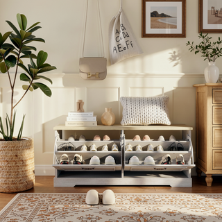 Sunvega Antique White Modern Entryway Shoe Storage Bench with 2 Flip Drawers