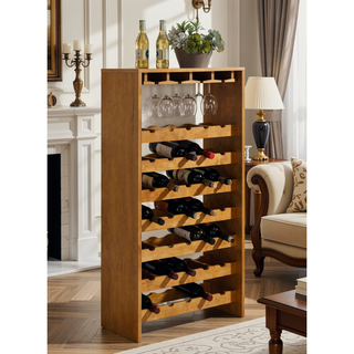 Sunvega KD Oak Finish Wine Rack with 4 Cup Holder and 35 Bottle Storage