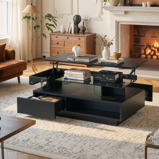 Sunvega Modern Lift Top Coffee Table with LED Lights 2 Drawers and Hidden Storage