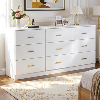 Sunvega Modern Black 9-Drawer Dresser with Golden Handles for Bedroom Storage