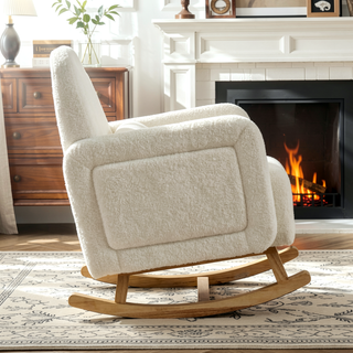 Sunvega Cream White Teddy Velvet Accent Rocking Chair with Curved Back and Pillow