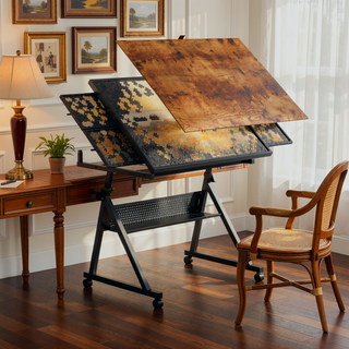 Sunvega Adjustable Height and Angle Puzzle Table with 4 Felt Storage Trays and Wooden Cover