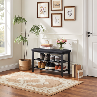 Sunvega 3-Tier Entryway Shoe Rack Bench with Comfortable Linen Cushion and Metal Mesh Shelves