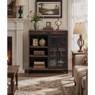 Sunvega Rustic Oak and Black Wine Cabinet with Obscure Glass Door