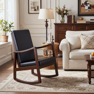 Sunvega Dark Brown Synthetic Leather and Espresso Finish Rocking Chair with Upholstered Cushions