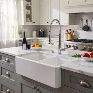 Sunvega 33 Inch White Porcelain Ceramic Farmhouse Kitchen Sink Workstation with Reversible Apron