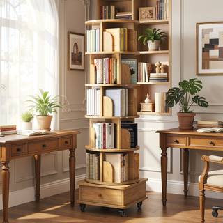 Sunvega 360° Rotating Bookshelf with Wheels and Drawer for Space-Saving Storage
