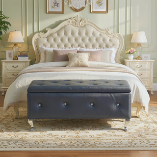 Sunvega Faux Leather Storage Ottoman Bench with Crystal Buttons for Bedroom Living Room