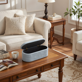 Sunvega Light Grey Upholstered Fabric Storage Ottoman Bench with Safety Hinge