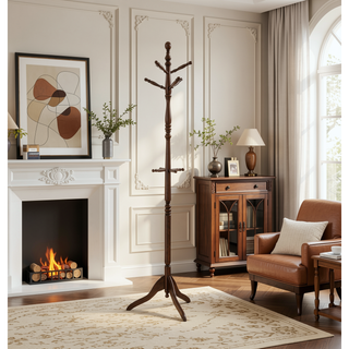 Sunvega Dark Brown Finish 7 Tiers 11 Hooks Solid Wood Coat Rack Stand