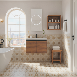 Sunvega 30 Inch Brown Bathroom Vanity with Resin Countertop Sink and 2 Doors