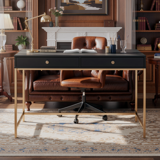 Sunvega White High Gloss Gold Finish Contemporary Vanity Desk with 2 Storage Drawers