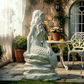 Sunvega Large Mermaid on Ocean Rock Outdoor Resin Garden Statue Sculpture