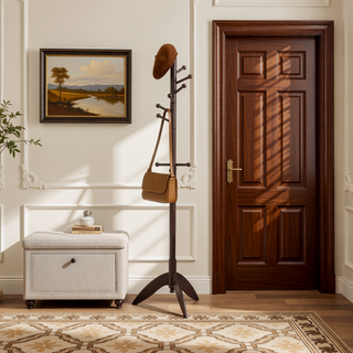 Sunvega Dark Brown Finish 7 Tiers 11 Hooks Solid Wood Coat Rack Stand