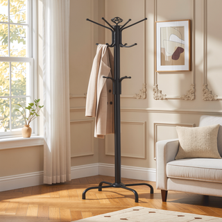 Sunvega Black Metal Coat Rack with Three Tiers of Hooks for Entryways and Mudrooms
