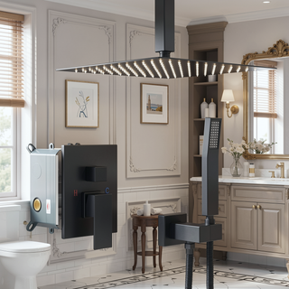 Sunvega Ceiling Mount Square Rainfall Shower System with Handheld Spray and Matte Black Finish