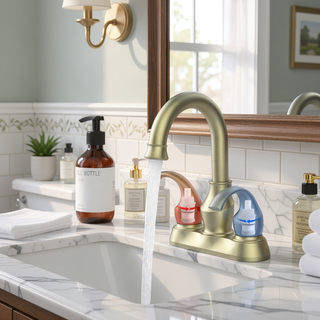 Sunvega Brushed Gold 2-Handle 4-Inch Centerset Vanity Sink Faucet with 360 Degree Rotating Spout