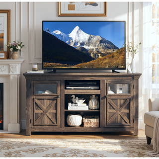 Sunvega Farmhouse TV Stand with 2 Doors and Open Storage for Media Console
