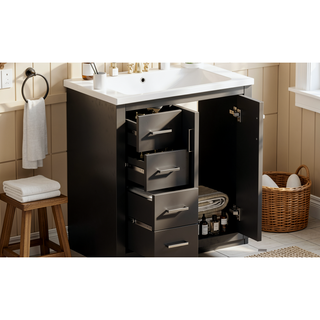 Sunvega 30 Inch Solid Wood Freestanding Bathroom Vanity with Ceramic Sink and Storage