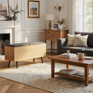 Sunvega Modern Light Oak Accent Storage Bench with Lift Top and Splayed Metal Legs