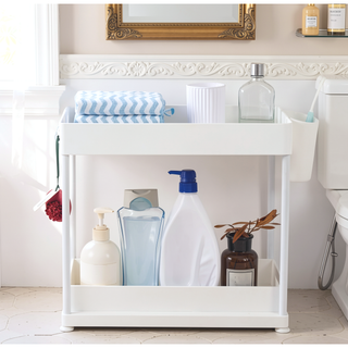 Sunvega White Two-Tier Extendable Sink Shelf for Maximizing Cabinet Storage Space