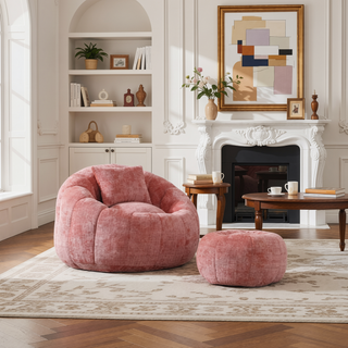Sunvega Modern Pumpkin Shape Bean Bag Chair with Ottoman for Living Room