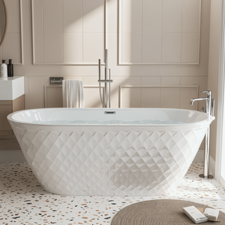Sunvega 59 inch Freestanding Acrylic Bathtub with Diamond Pattern and Gloss White Finish