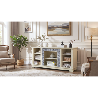 Sunvega Modern Faux Stacked Stone Mantel TV Media Stand with Open Storage