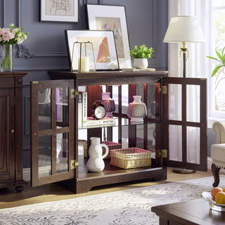 Sunvega Retro LED Curio Display Cabinet with Adjustable Glass Shelves and Magnetic Closure