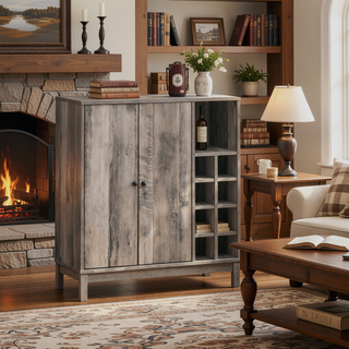 Sunvega Weathered Acacia Wood Wine Cabinet with Two Doors and Storage Cubbies