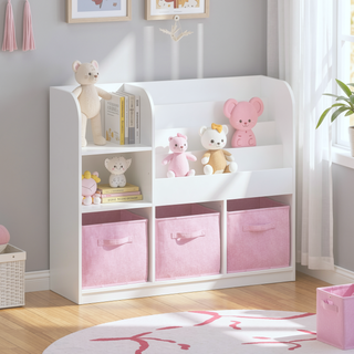 Sunvega Multifunctional 4 Tier Wooden Kids Bookshelf and Toy Storage Organizer with Display Stand