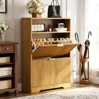 Sunvega Tall Modern Minimalist Shoe Cabinet with Two Flip Drawers and Wave-Patterned Panel