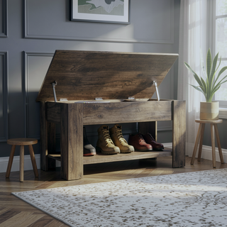 Sunvega Lift Top Storage Table with Lower Shelf and Metal Hinges in Dark Brown
