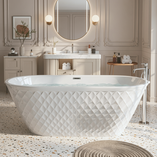 Sunvega 59 inch Freestanding Acrylic Bathtub with Diamond Pattern and Gloss White Finish