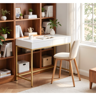 Sunvega White High Gloss Gold Finish Contemporary Vanity Desk with 2 Storage Drawers