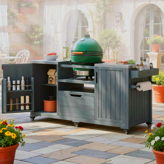 Sunvega 66.5" Solid Fir Wood Outdoor Kitchen Island Cart with Stainless Steel Top for Big Green Egg Grills