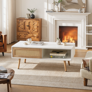 Sunvega Rattan Woven Coffee Table with Sliding Door Storage and Solid Wood Legs
