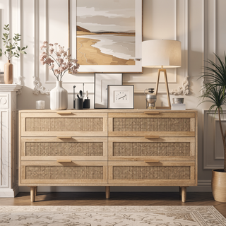 Sunvega 6 Drawer Rattan Dresser with Metal Handle and Wood Legs for Bedroom Storage