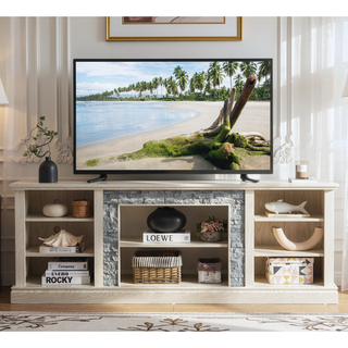 Sunvega 70.12" White Faux Stacked Stone Media Console with Large Storage Cabinet