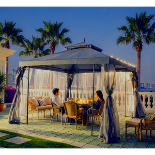 Sunvega Patio Gazebo with Corner Shelves Double Roof Canopy and Mesh Netting
