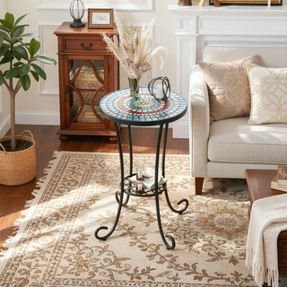 Sunvega Brown and Black Ceramic Side Table with Slatted Shelf for Patio