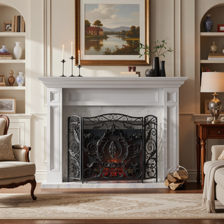 Sunvega Traditional Iron Fireplace Screen with Three-Panel Design and Floral Accents