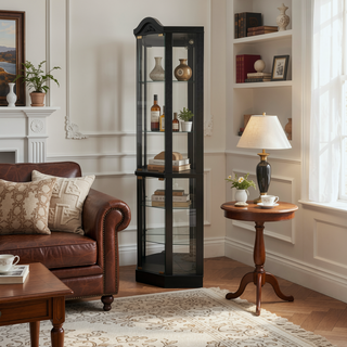 Sunvega Antique Glass Corner Cabinet with Adjustable Shelves and Built-in Light