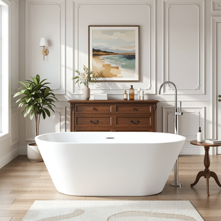 Sunvega 59 Inch Acrylic Freestanding Soaking Tub with Gold Overflow Drain