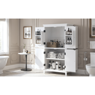 Sunvega Freestanding Bathroom Storage Cabinet with 4 Doors and Adjustable Shelves