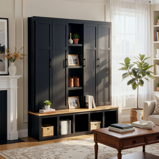 Sunvega Modern Farmhouse Hall Tree with Storage Bench Shoe Cabinet and Display Shelf