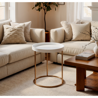 Sunvega Mid-Century White Lipped Edge Side Table with Copper Metal Legs