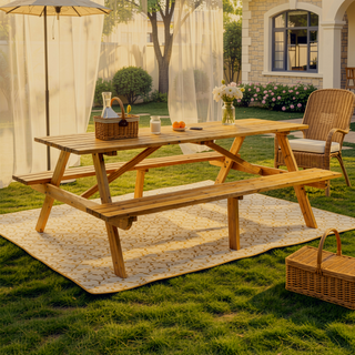 Sunvega Fir Wood Picnic Table with 2 Benches 75 Inch Dining Surface 2220lb Capacity