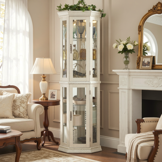 Sunvega Corner Curio Cabinet with LED Lighting and 4 Adjustable Glass Shelves