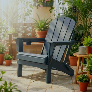 Sunvega Folding Adirondack Chair Set with Wood Texture and Side Table in Navy Blue